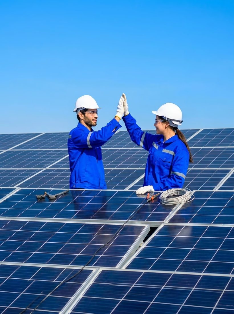 Equipe técnica da Solar Energy Divi realizando instalação de painéis fotovoltaicos